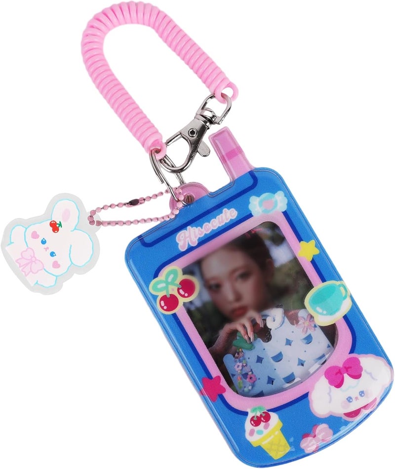 WELLRI Kpop Photocard Holder with Keychain Cute Pendant 3 inch Idol Album Photo Card Sleeves ID Bus Bank Credit Card Protector for Student Kpop Fan (Blue) - Image 1
